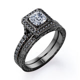 Art-Deco Pave Accented 1.7 TCW Princess Cut Moissanite with Lab Created Black Diamond Double Halo Bridal Ring Set in White Gold