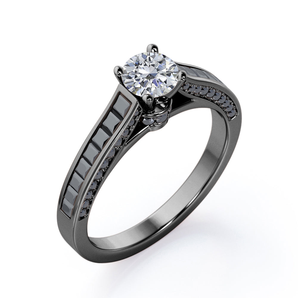 1.4 TCW Round Shape Moissanite with Lab Created Black Diamond - Pave and Channel - Cathedral Engagement Ring in White Gold