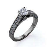 1.4 TCW Round Shape Moissanite with Lab Created Black Diamond - Pave and Channel - Cathedral Engagement Ring in White Gold