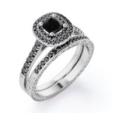 Filigree Scalloped Pave 1.65 TCW Princess Cut Lab Created Black Diamond Double Halo Style Wedding Ring Set in White Gold