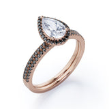 Scalloped Pave - 1.75 TCW Pear Shaped Moissanite with Lab Created Black Diamond - Halo Design Bridal Set in Rose Gold