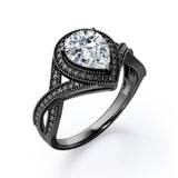 Milgrain Pave Channel - 1.5 TCW Teardrop Moissanite with Lab Created Black Diamond - Halo Design Engagement Ring in White Gold