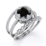 Bestselling 2 Carat Cushion cut Lab Black Diamond Halo Trio Wedding Bridal Ring Set in Rose Gold