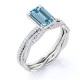 Pave 1.25 ct Emerald Cut Aquamarine Infinity Bridal Ring Set
