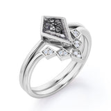 Chevron 1.15 Carat Kite Shaped Dark Black Rutilated Quartz And Diamond Bezel Set V Style Wedding Ring Set In Black Gold