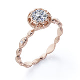 Unique Vintage  0.5 carat Round Moissanite and Diamond Vintage Royal Half Scalloped Ring in Rose Gold