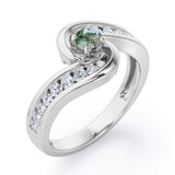 Spinning 0.7 carat Round Green Moss Agate and Moissanite Channel Engagement Ring in White Gold