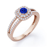 Double Halo 1.55 Carat Round Cut Sapphire And Diamond Split Shank Engagement Ring In Rose Gold