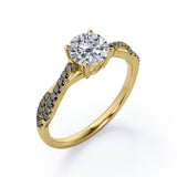 Basket Cathedral - 1.45 TCW Round Shape Moissanite with Lab Created Black Diamond - Crossover Pave Engagement Ring in Black Gold