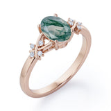 Luxurious Clover Lucky Leaf 0.5 carat Oval Moss Green Agate and Diamond Engagement Ring in Rose Gold
