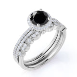 Affordable Antique Artdeco 2 Carat Round Lab Black Diamond Halo Wedding Trio Ring Set in White Gold