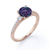 Classic Simple Three Stone 1.50 Carat Round Cut Lab Created Alexandrite and Diamond Half Eternity Pave Engagement Ring in Rose Gold for Women