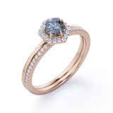 Hexagon 1.25 Ct Round Salt and Pepper Diamond Wedding Ring Set