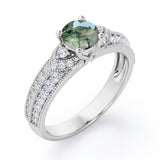 Antique 4 Prong 1.50 Carat Round Cut Green Moss Agate And Diamond Vintage Milgrain Layered Engagement Ring In Black Gold
