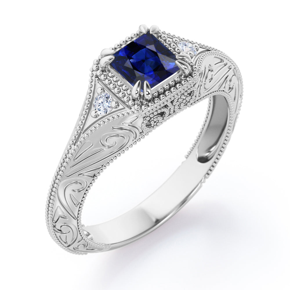 Vintage Milgrain 1.10 Carat Princess Cut Sapphire And Diamond Sharp Eight Claws Art Deco Engagement Ring In Rose Gold