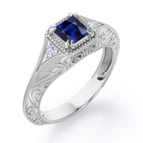 Vintage Milgrain 1.10 Carat Princess Cut Sapphire And Diamond Sharp Eight Claws Art Deco Engagement Ring In Rose Gold