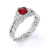 Vintage Floral Eternity 2.25 Carat Round Cut Lab Ruby and Diamond Halo Wedding Set with Art Deco Band in White Gold