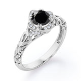 Cushion Framed 1.10 Carat Round Cut Black Diamond Halo Art Deco Engagement Ring In White Gold