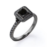 Double Halo Design - 1.45 TCW Princess Cut Lab Created Black Diamond - Engagement Ring with Pave Accents in White Gold