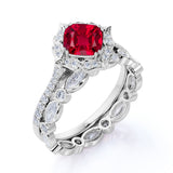 Floral Styled Eternity 2 Carat Cushion Cut Lab Ruby and Diamond Halo Wedding Set with Art Deco Band in White Gold