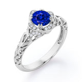 Modern Art Deco 1.10 Carat Round Cut Sapphire And Diamond Cushion Framed Halo Engagement Ring In Rose Gold