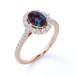 Snowflake Cluster 1.50 Carat Oval Cut Lab Created Alexandrite and Diamond Halo Engagement Ring