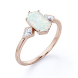 Trillion Six Prong 1.20 Carat Hexagon Shaped White Opal And Diamond Three Stone Bezel Set Engagement Ring In White Gold