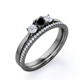 1.45 Carat Round Cut Lab Grown Black Diamond Three Stone Wedding Ring Set In White Gold