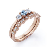 1.10 Carat Round Cut Aquamarine And Diamond Art Deco Wedding Ring Set In White Gold