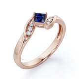 Twisted 7 Stone Ring - 0.55 carat Princess Blue Sapphire and Moissanite Elegant Engagement Ring in Rose Gold