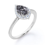 Vintage 1.35 ct Tear Drop Black Rutilated Quartz Halo Engagement Ring