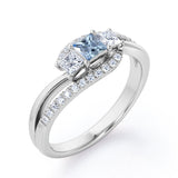 Shared Prongs 1 carat Princess Aquamarine and Moissanite Split Shank Band Engagement Ring in Rose Gold