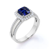 V Shank Design 1.50 Carat Cushion Cut Sapphire and Diamond Halo Engagement Ring in White Gold