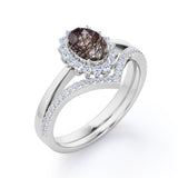 Modern Intricate Snowflake Cluster 1.50 Carat Oval Cut Solid Dendritic Black Brown Rutilated Quartz and Diamond Pave Curved Band Wedding Ring Sets for Her