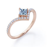 Chevron 1.25 Carat Princess Cut Aquamarine And Diamond Four Prong Pave Set Engagement Ring In White Gold