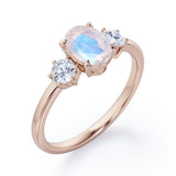 Simple Trio Stone 0.8 carat Oval Moonstone and Diamond Engagement Ring in Rose Gold