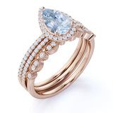 Affordable 2 Carat Pear cut Aquamarine and Diamond Antique Wedding Trio Ring Set in Rose Gold