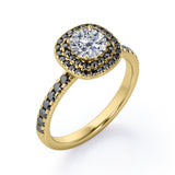 Cushion Double Halo - 1.5 TCW Round Cut Moissanite with Lab Created Black Diamond - Engagement Ring with Pave Accents in White Gold