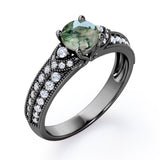 Antique 4 Prong 1.50 Carat Round Cut Green Moss Agate And Diamond Vintage Milgrain Layered Engagement Ring In Black Gold