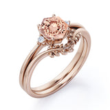 Artistic Petite Leaf 0.55 carat Hexagon Morganite and Moissanite Minimal Bridal Ring Set in Rose Gold
