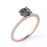 Solitaire 1.50 ct Round Black Rutiles Quartz Pave Engagement Ring