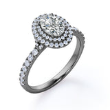 Huge Double Halo 1.50 Carat Oval Shaped Moissanite and Diamond Antique Engagement Ring in White Gold