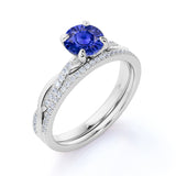 1.5 Carat Round Cut Sapphire and Diamond Bridal Ring Set in 10k White Gold Splendid Ring