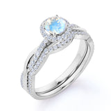 1.75 Carat Round Rainbow Moonstone and Diamond Halo Wedding Ring Set in Rose Gold