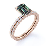 Solitaire 4 Claw 1.50 Carat Emerald Cut Lab Made Alexandrite and Diamond Pave Wedding Ring Sets