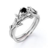 1.10 ct Round Lab Black Diamond Leaf Wedding Set