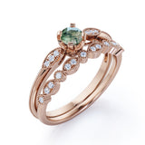 Classic Milgrain 1.50 Carat Round Cut Genuine Banded Moss Green Agate and Diamond Marquise Dot Art Deco band Bridal Set Rings