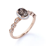 Antique Art Deco 1.50 Carat Oval Cut Transparent Black Brown Rutile Quartz and Diamond Halo Engagement Ring