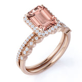 1.50 Carat Emerald Cut Real Morganite Bridal Set in 18k Rose Gold over Silver with Art Deco Band