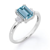 Eight Prongs 1.10 Carat Emerald Cut Aquamarine And Diamond Three Stone Engagement Ring In Rose Gold